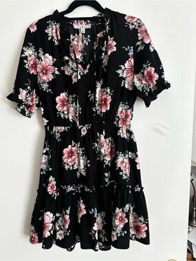 Inspired Hearts Black Mini Dress with Pink Floral Print
